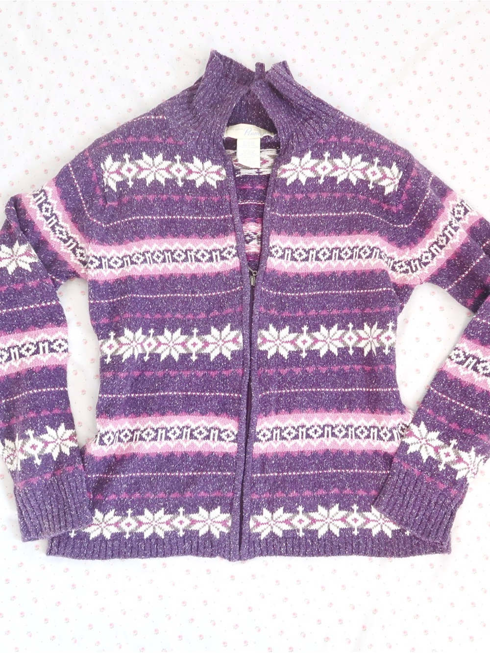 y2k purple pink fair isle zip up sweater